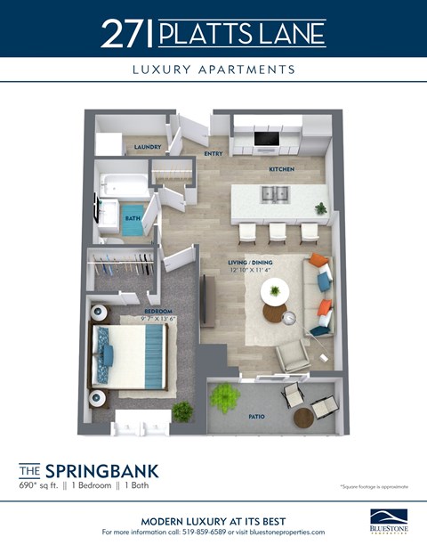 Floor plan for 1 bed, 1 bath, 690 sqft